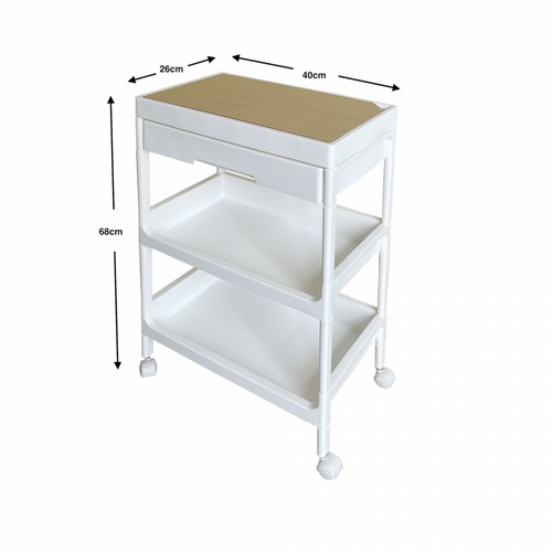 GOME ชั้นวางพลาสติกท็อปไม้ 3 ชั้น พร้อมถาดลิ้นชัก รุ่น GD680WH ขนาด 40X26X68 CM. สีขาว
