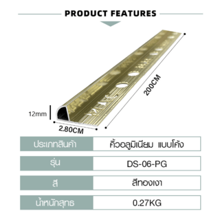 MAC คิ้วกระเบื้องอลูมิเนียม แบบโค้ง ขนาด 12 มม. ยาว 2 เมตร รุ่นDS-06-PG สีทองเงา