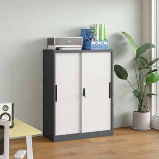 SMITH  ตู้เก็บเอกสารแบบทึบบานเลื่อน  รุ่น Arlo ขนาด 40x90x120ซม. สีขาว-เทา