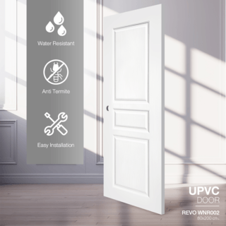 WELLINGTAN ประตูภายนอก UPVC ผิว Revo 3ลูกฟัก รุ่น WNR002 ขนาด 80x200 ซม. สีขาว (เจาะรูลูกบิด)