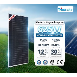 Trina แผงโซล่าเซลล์  625W MONOCRYSTALLINE รุ่น TSM-NEG19RC.20 N-Type Bifacila  สีดำ