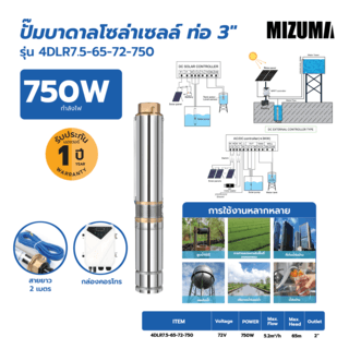 MIZUMA ปั๊มบาดาลโซล่าเซลล์ ท่อ 4  750W รุ่น 4DLR7.5-65-72-750
