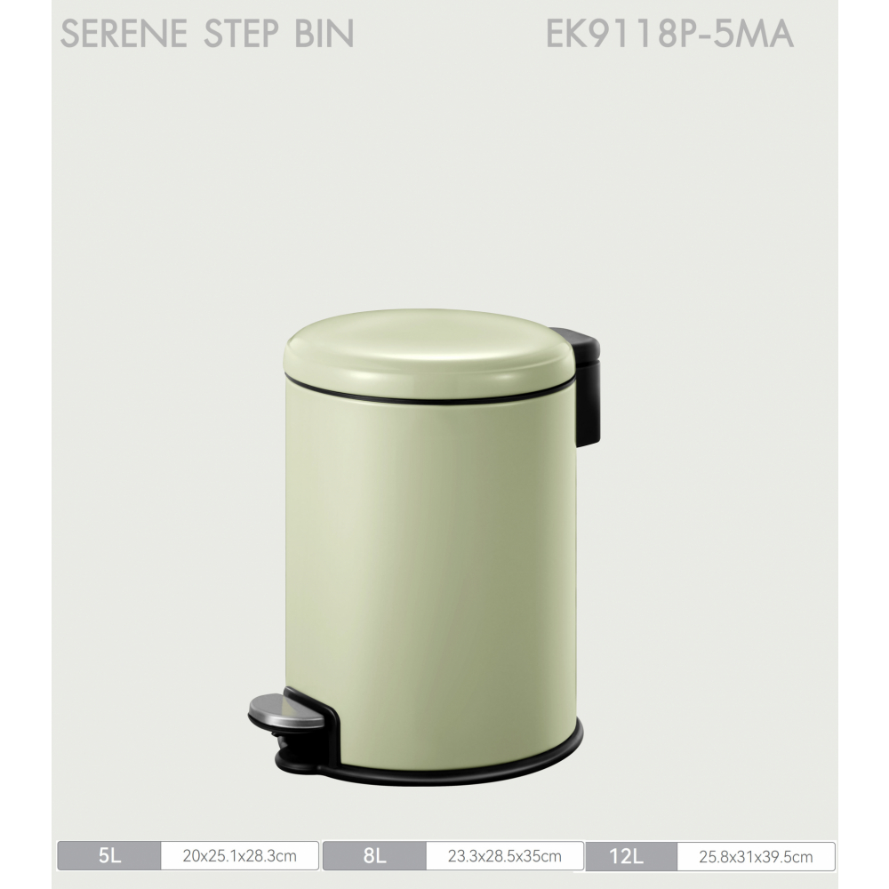 EKO ถังขยะเหล็กเคลือบขาเหยียบทรงกลม 5 ลิตร รุ่น SERENE EK9118P-5MA ขนาด 20x25.40x28.20 ซม. สีเขียวอ่อน
