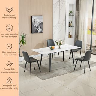 (1/3)DELICATO ชุดโต๊ะอาหารท็อปลายหินอ่อน 4ที่นั่ง รุ่น Maru-160 ขนาดโต๊ะ 90x160x75 ซม. ขนาดเก้าอี้ 51x58x83 ซม. สีขาว