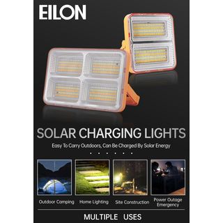 EILON สปอร์ตไลท์โซล่าร์เซลล์แบบพกพา พับได้ 100W รุ่น ESTD-100W-QB3065 แสง3สี+มีไฟสีแดงและน้ำเงิน