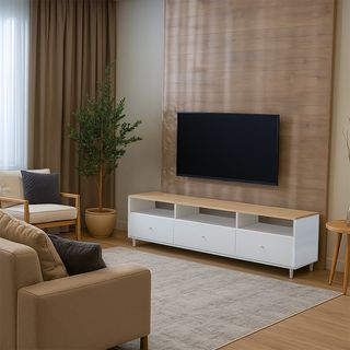 DELICATO ชั้นวางทีวี รุ่นบรูกลิน ขนาด152.6x39x56 ซม. สีบีช-ขาว