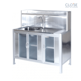 CLOSE ตู้ตั้งพื้นอลูมิเนียมพร้อมซิงค์ 1 หลุมมีที่พักแถมก๊อก SENSE-Z120 ขนาด 120x53x121 ซม. สีเงิน