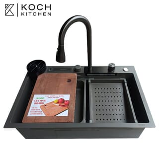 KOCH KITCHEN อ่างล้างจานฝังบน 1 หลุมไม่มีที่พัก 304SS 75x46x22 ซม. MARTIN สีดำพรีเมี่ยม
