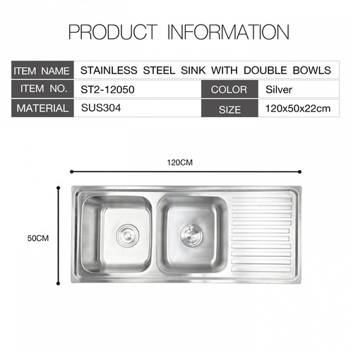CLOSE อ่างล้างจานขอบฝัง 2 หลุมมีที่พัก SUS304 120x50x22 ซม. ST2-12050