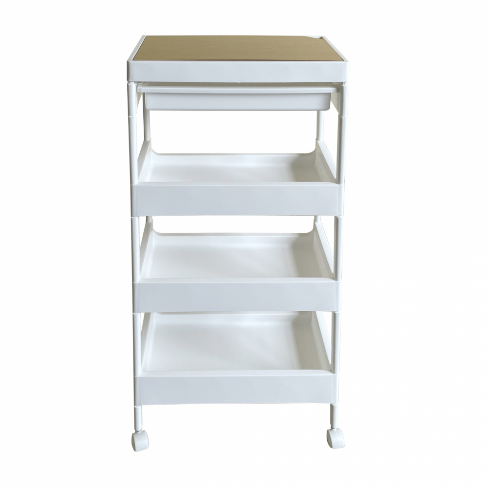 GOME ชั้นวางพลาสติกท็อปไม้ 4 ชั้น พร้อมถาดลิ้นชัก รุ่น GD915WH ขนาด 40X26X91.5 CM. สีขาว