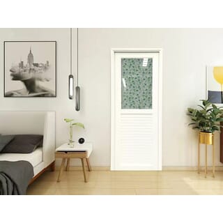 WELLINGTAN ประตู UPVC กระจกสกรีนลายดอกไม้สีเขียวพร้อมวงกบและบานพับ รุ่นJM-065 ขนาด 70x200ซม. สีขาว (เจาะลูกบิด)