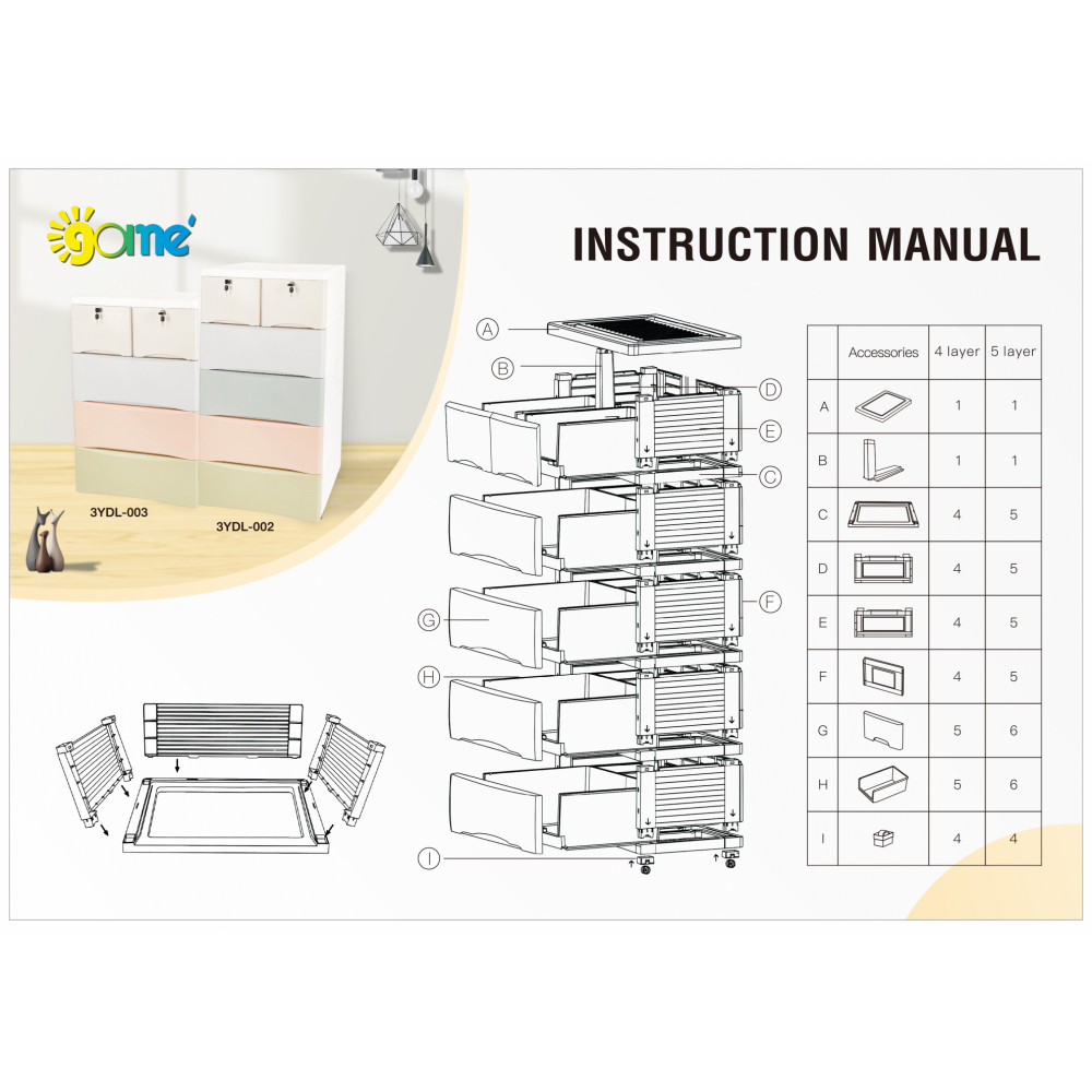 GOME ตู้ลิ้นชัก 5 ชั้น รุ่น 3YDL-002 ขนาด 40x58x114 ซม. สีพาสเทล