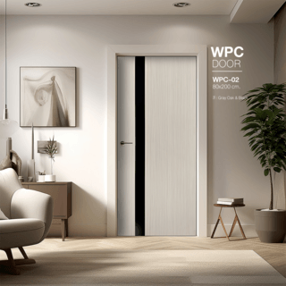 WELLINGTAN ประตู WPC รุ่น WPC-02 (สำหรับใช้ภายใน) บานทึบ ขนาด 80x200 ซม. สีGray Oak & Black (ไม่เจาะลูกบิด)