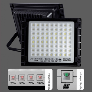 JD โคมไฟสปอร์ตไลท์โซลาร์เซลล์ 100W พร้อมรีโมท รุ่นJDTGD-88100W+รีโมท IP65 แสงวอร์มไวท์