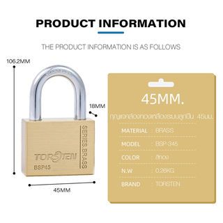 TORSTEN กุญแจคล้องทองเหลืองระบบลูกปืน 45มม. BSP-345 (ห่วงสั้น)