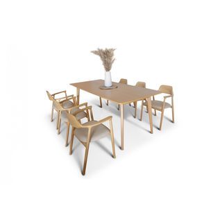 ชุดโต๊ะอาหารไม้สักแท้ รุ่นขาเฉียงเก้าอี้ฮิโรชิม่า 6 ที่นั่ง ขนาด 200x90x80ซม. สีสักทอง สไตล์มินิมอล