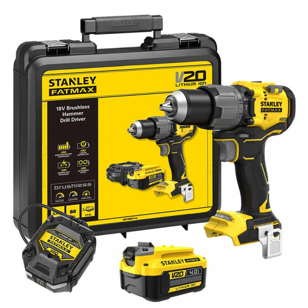 STANLEY สว่านกระแทกไร้สายไร้แปรงถ่าน V20 2 สปีด SBD726M1K-B1 พร้อมแบตเตอรี่ 4AH 