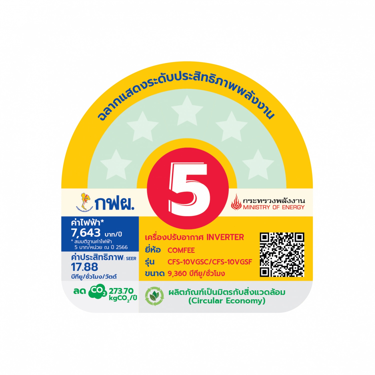 COMFEE เครื่องปรับอากาศ Inverter ขนาด 9360 BTU รุ่น CFS-10VGSF สีขาว