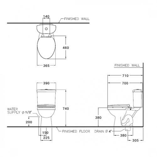 Cotto สุขภัณฑ์สองชิ้น  รุ่น C13960  Wendy ขนาด