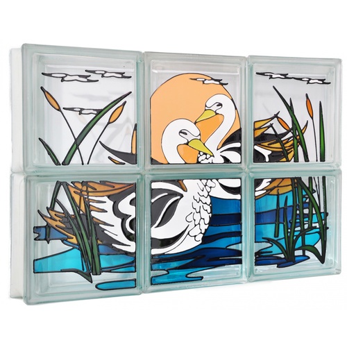 ช้างแก้ว บล็อกแก้วแต่งชุด ลายหงส์คู่ N-014/598 190x190x80 มม. (6P/SET)