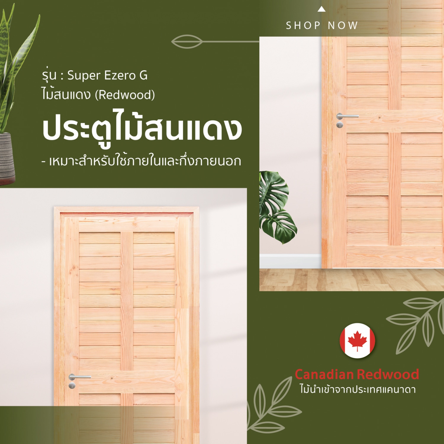 D2D ประตูไม้สนแดง (Redwood)  รุ่น Super Ezero G ขนาด 80x200 ซม. ไม่ทำสี