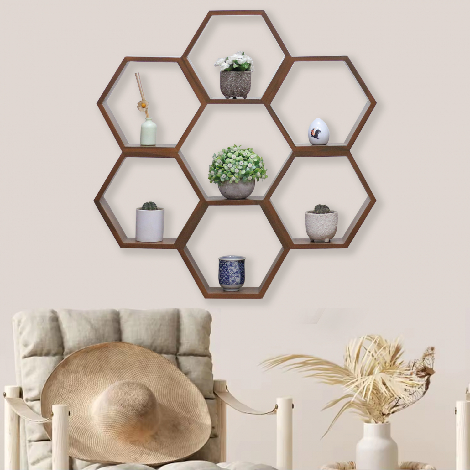 รังผึ้ง 6 ช่อง ทรงกลม ที่แขวนผนังไม้สัก ขนาด 75x75 ซม. สีไม้สักเข้ม