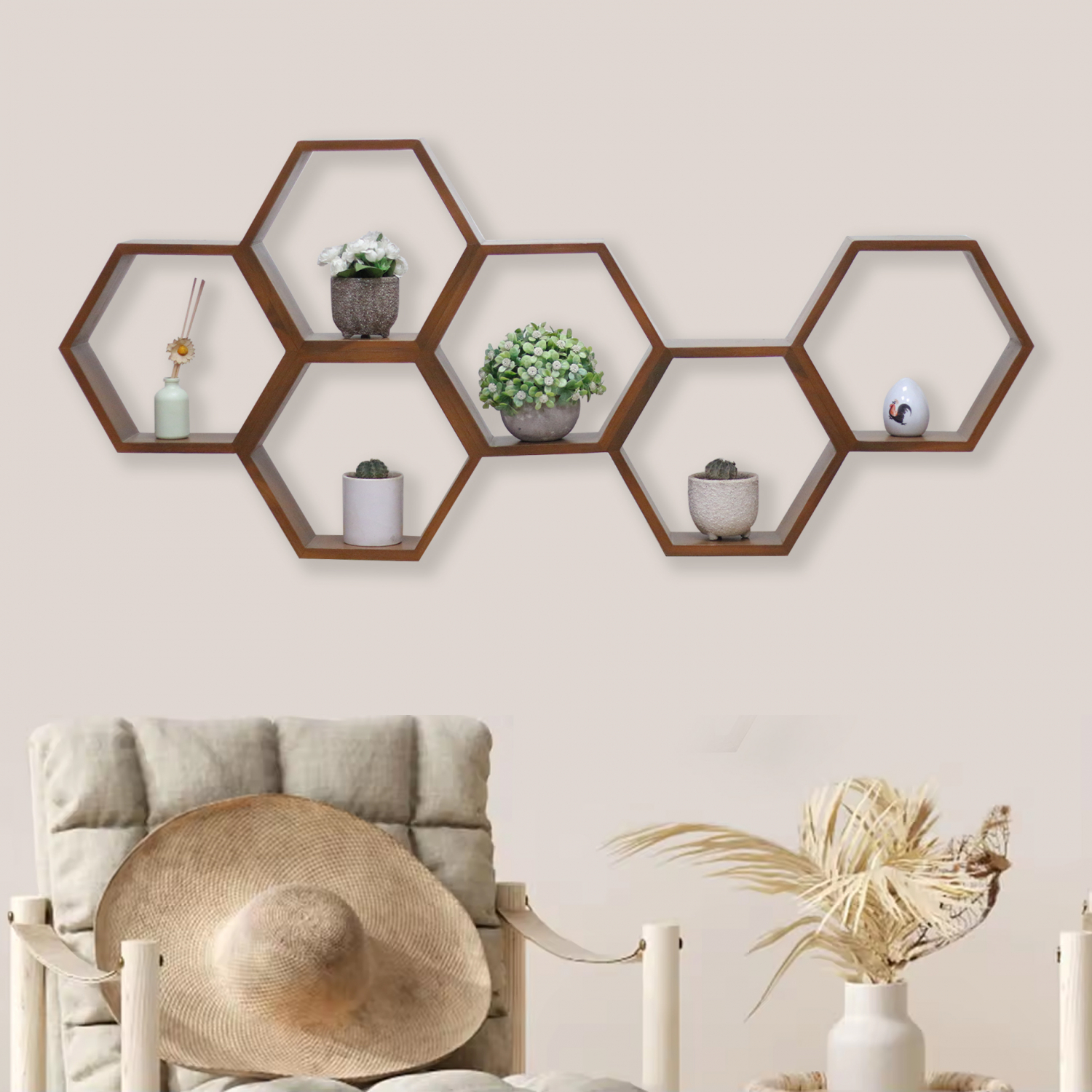 รังผึ้ง 6 ช่อง ทรงยาว แขวนผนังไม้สัก ขนาด 50x116 ซม. สีไม้สักเข้ม