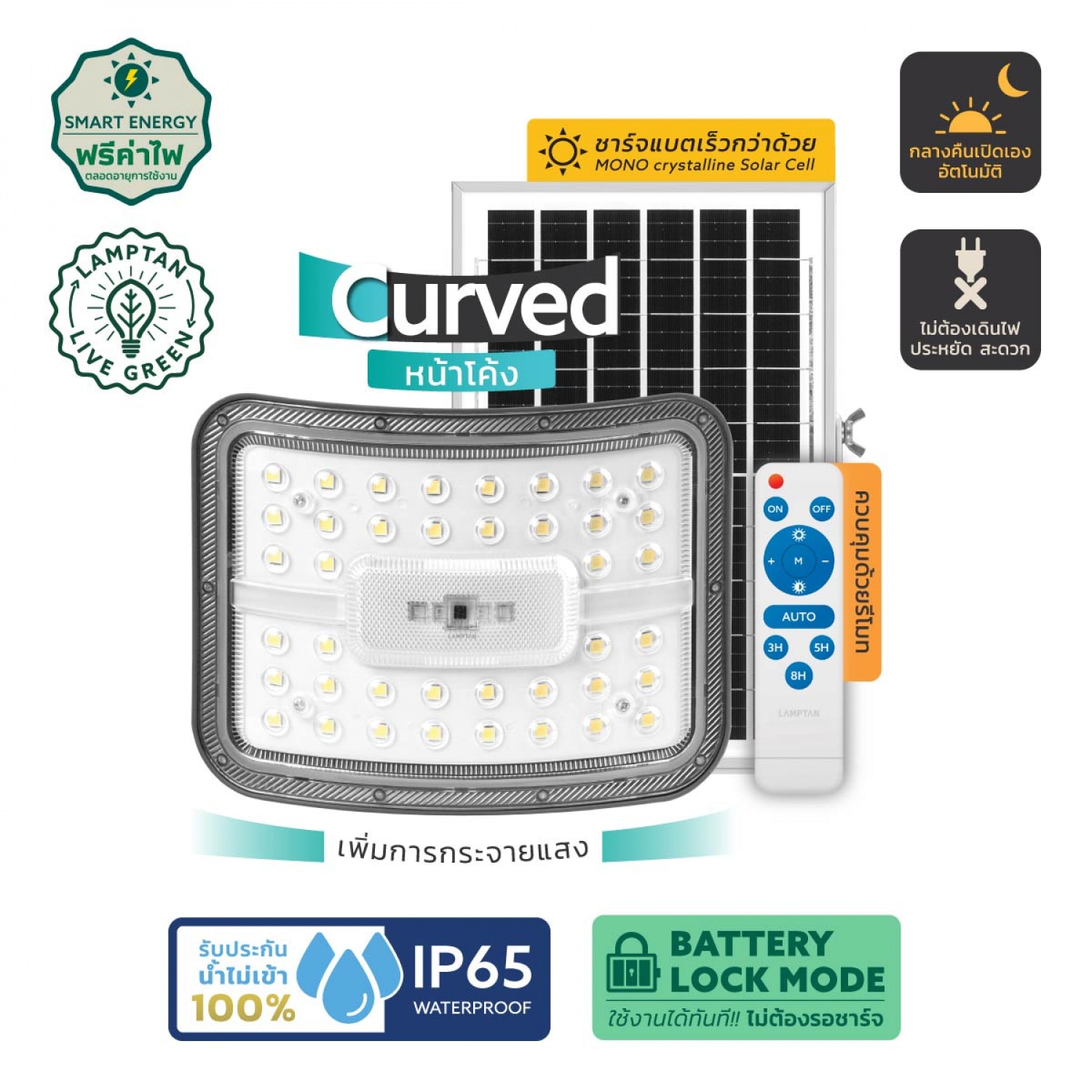 LAMPTAN โคมไฟฟลัดไลท์โซลาร์ LED 150W รุ่นอาร์ค แสงเดย์ไลท์