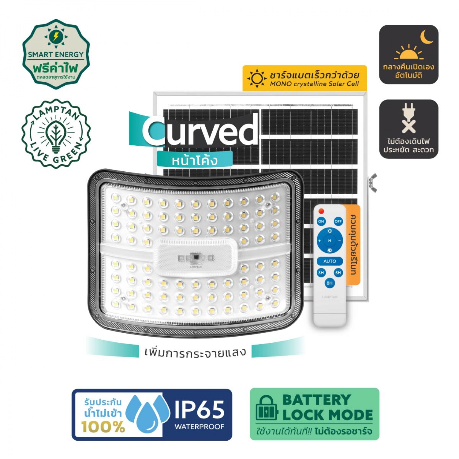 LAMPTAN โคมไฟฟลัดไลท์โซลาร์ LED 300W รุ่นอาร์ค แสงเดย์ไลท์