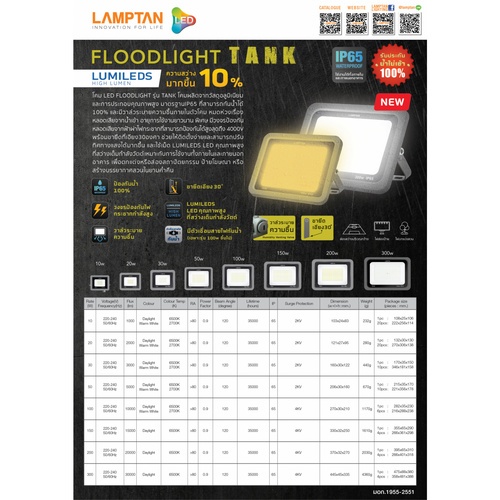 LAMPTAN โคมไฟฟลัดไลท์ LED 150W แสงเดย์ไลท์ รุ่นแท้งค์ IP65