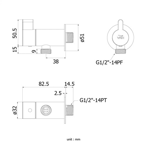 VRH วาล์วฝักบัวสเตนเลส 304  รุ่น HFVSB-3120L2 สีซาติน