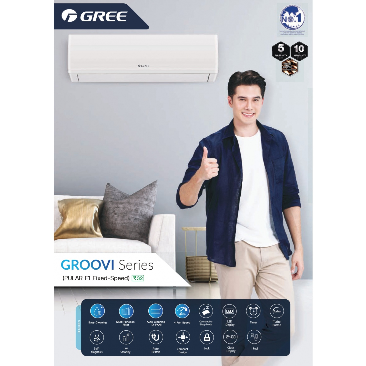 GREE เครื่องปรับอากาศ Pular (Groovi) Fixed-Speed ขนาด 12000 BTU รุ่น GWC12AGCF1/I สีขาว