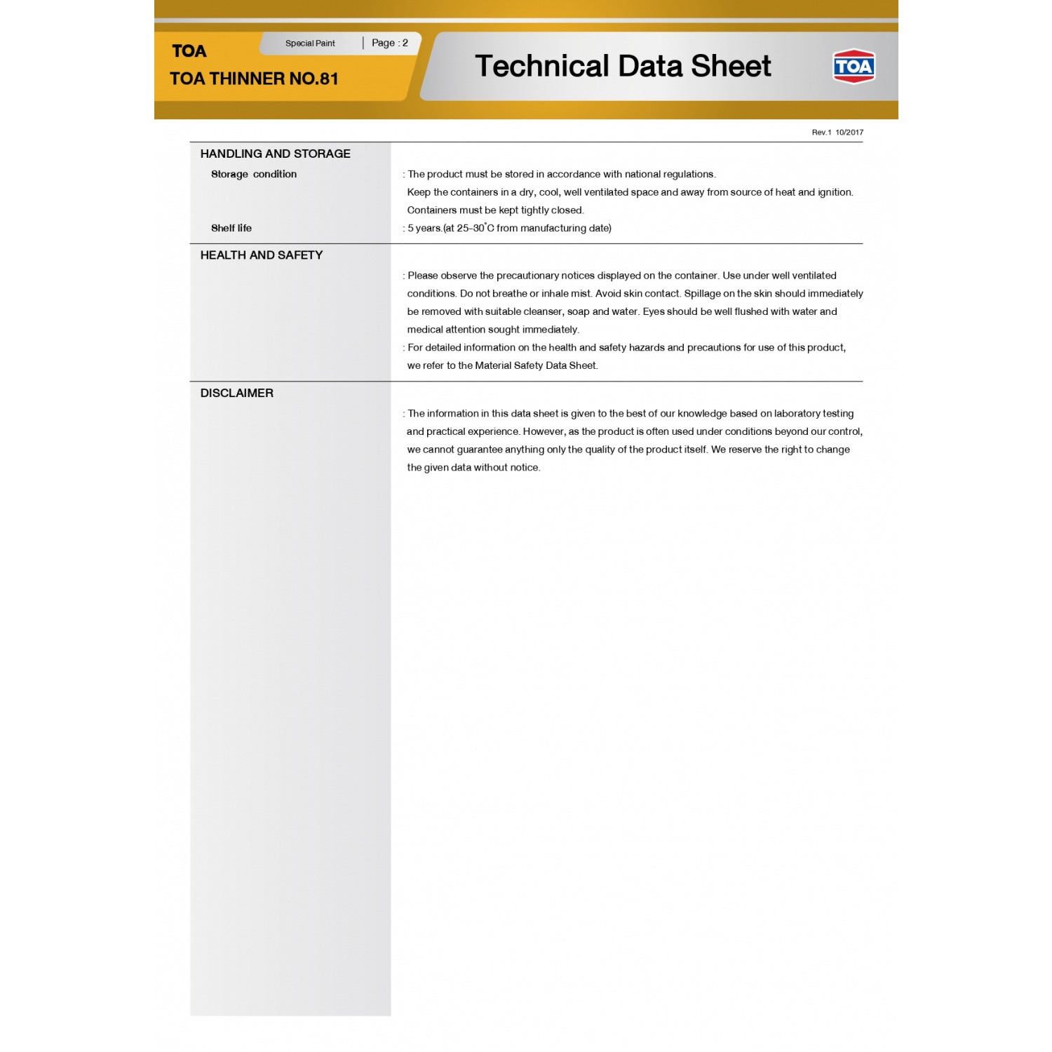 ทีโอเอ ทินเนอร์ สีทาถนน #0081  1/4กล.