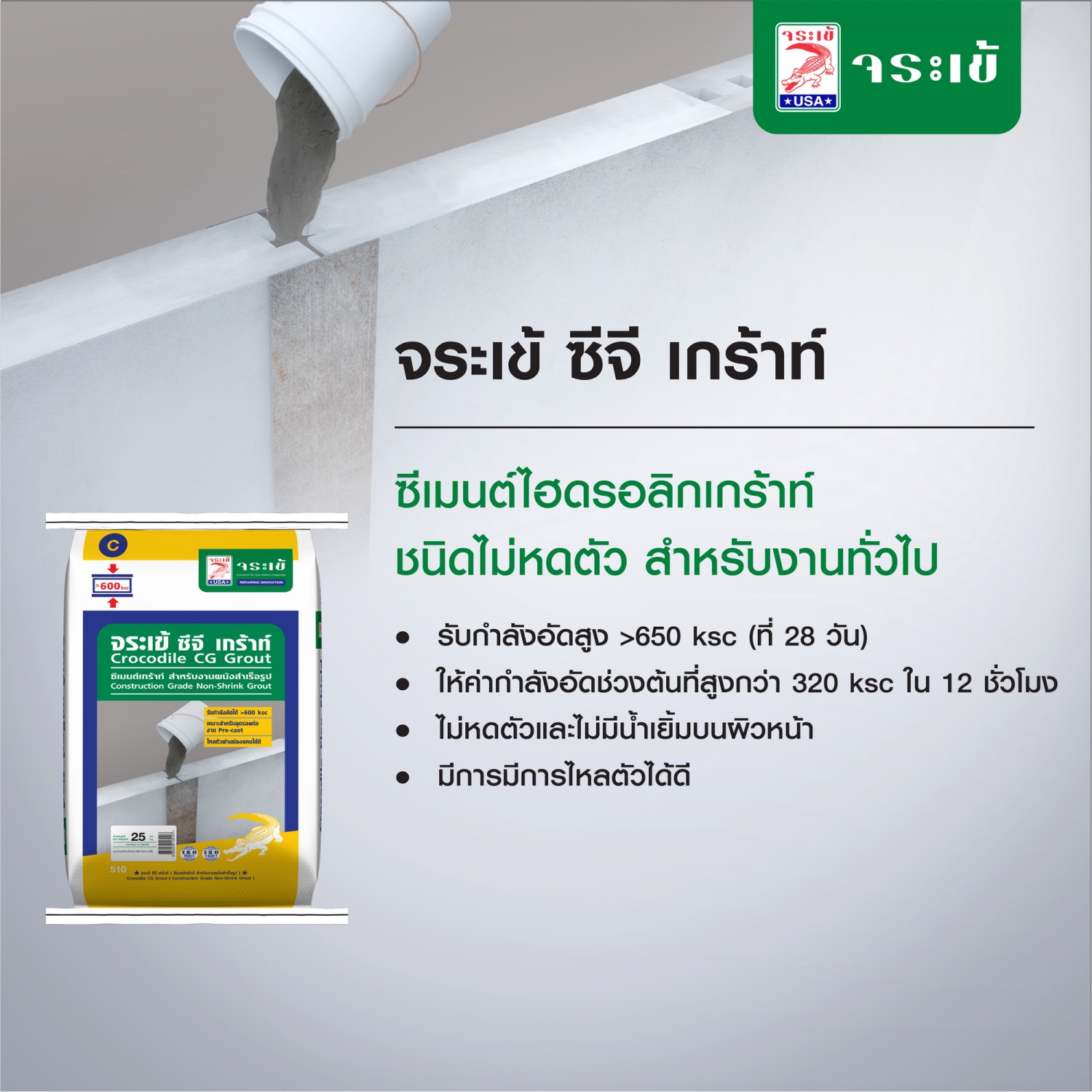 จระเข้ ซีจี เกร้าท์ 25 กก. สีเทา