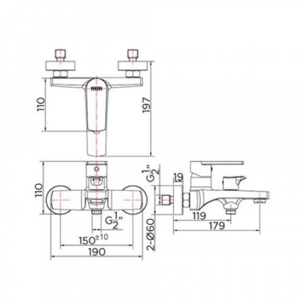 Karat ก๊อกผสมอ่างอาบน้ำแบบก้านโยกติดผนัง KF-58-720-50