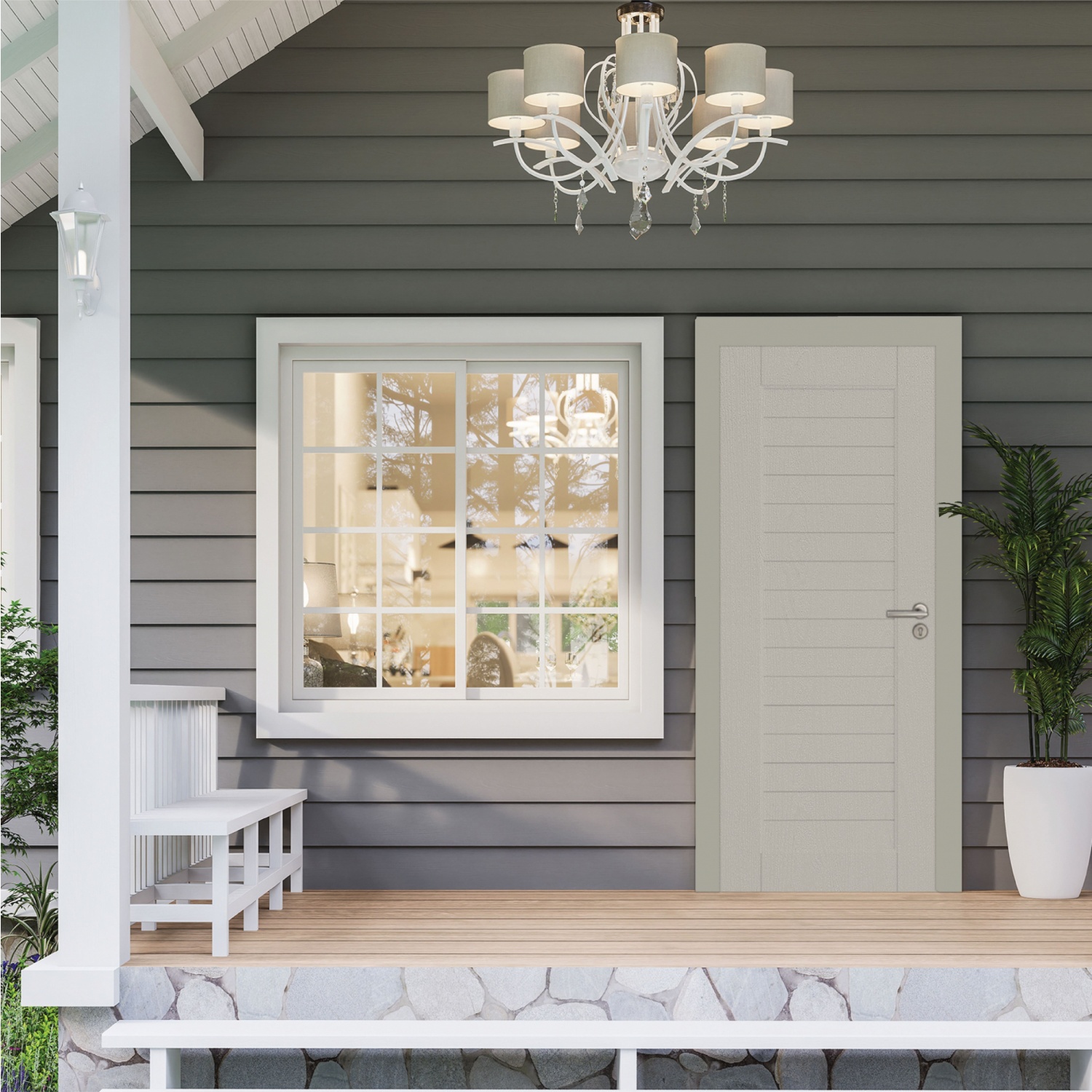 WELLINGTAN ประตู UPVC รุ่น  WT006B (สำหรับใช้ภายนอก) แว็คร่อง ขนาด 80x200 ซม. สีเบจ (เจาะลูกบิด)