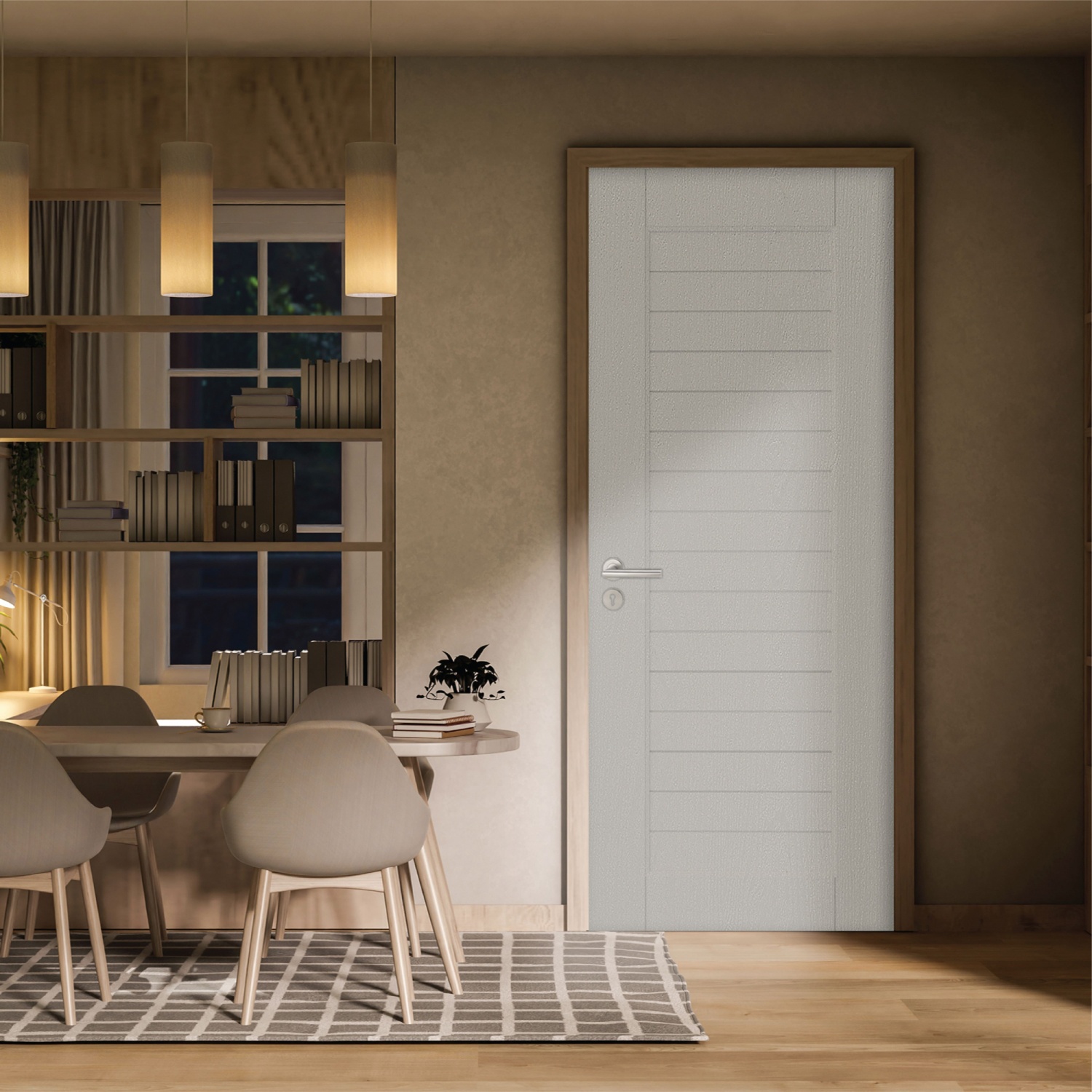 WELLINGTAN ประตูภายนอก UPVC ผิว Revo รุ่น WBR006 Vacuum ขนาด 80x200 ซม. สีเบจ (เจาะลูกบิด)