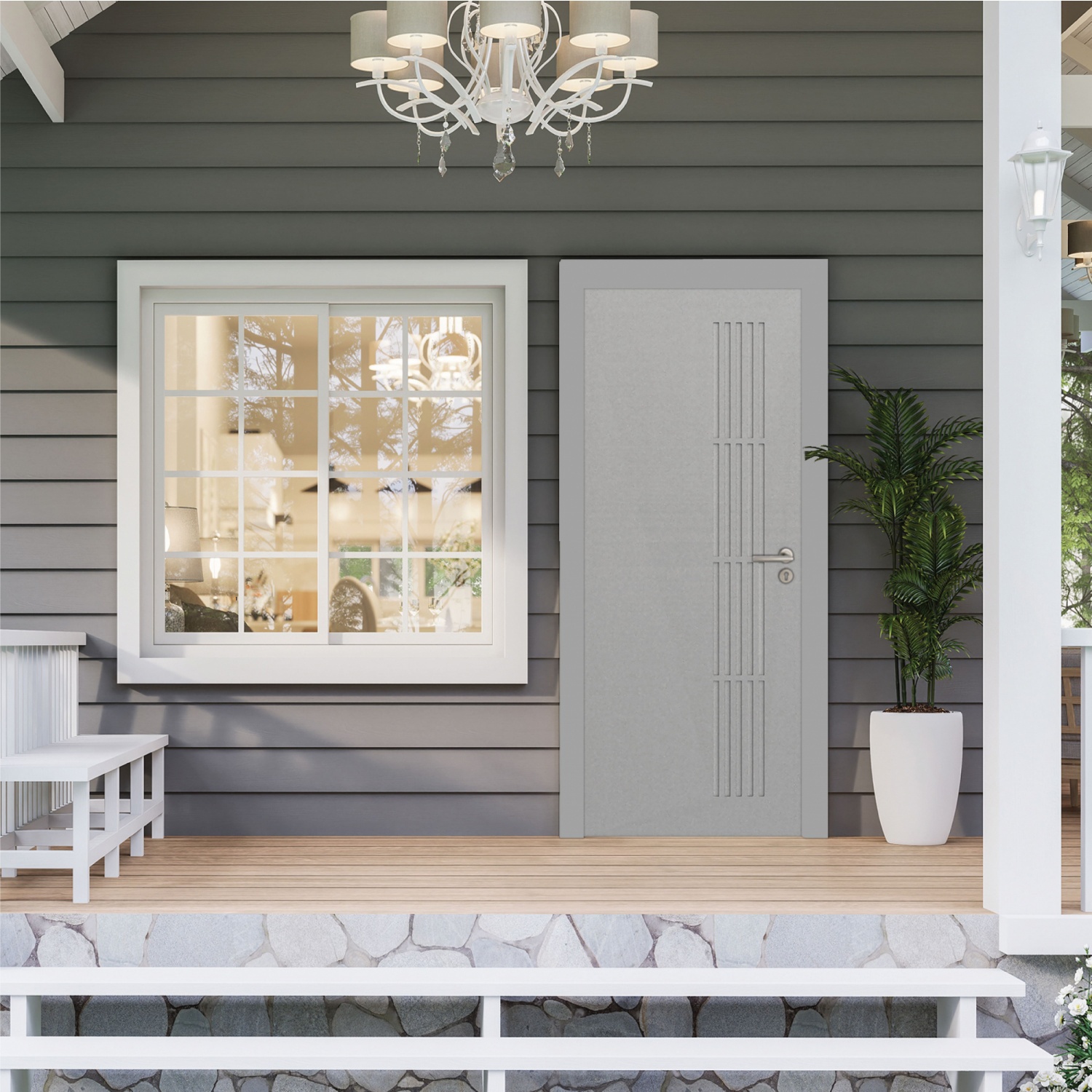 WELLINGTAN ประตู UPVC รุ่น  WT001J (สำหรับใช้ภายนอก) แว็คร่อง ขนาด 80x200 ซม. สีเทา (เจาะลูกบิด)