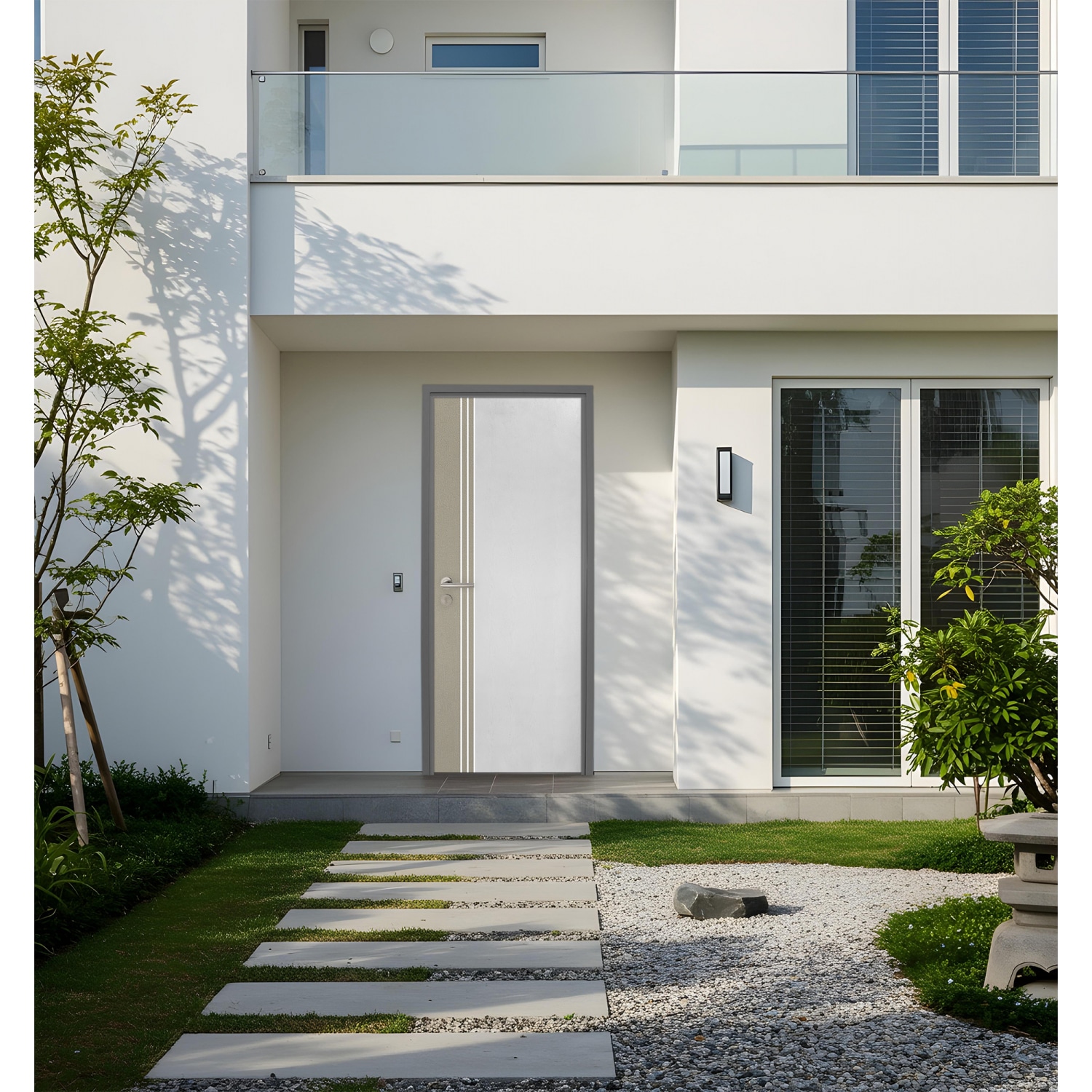 WELLINGTAN ประตู uPVC เซาะร่องผิว Revo (สำหรับใช้ภายนอกเเละภายใน) WMN028  80x200 สีทูโทน ขาว/เบจ  เจาะ 