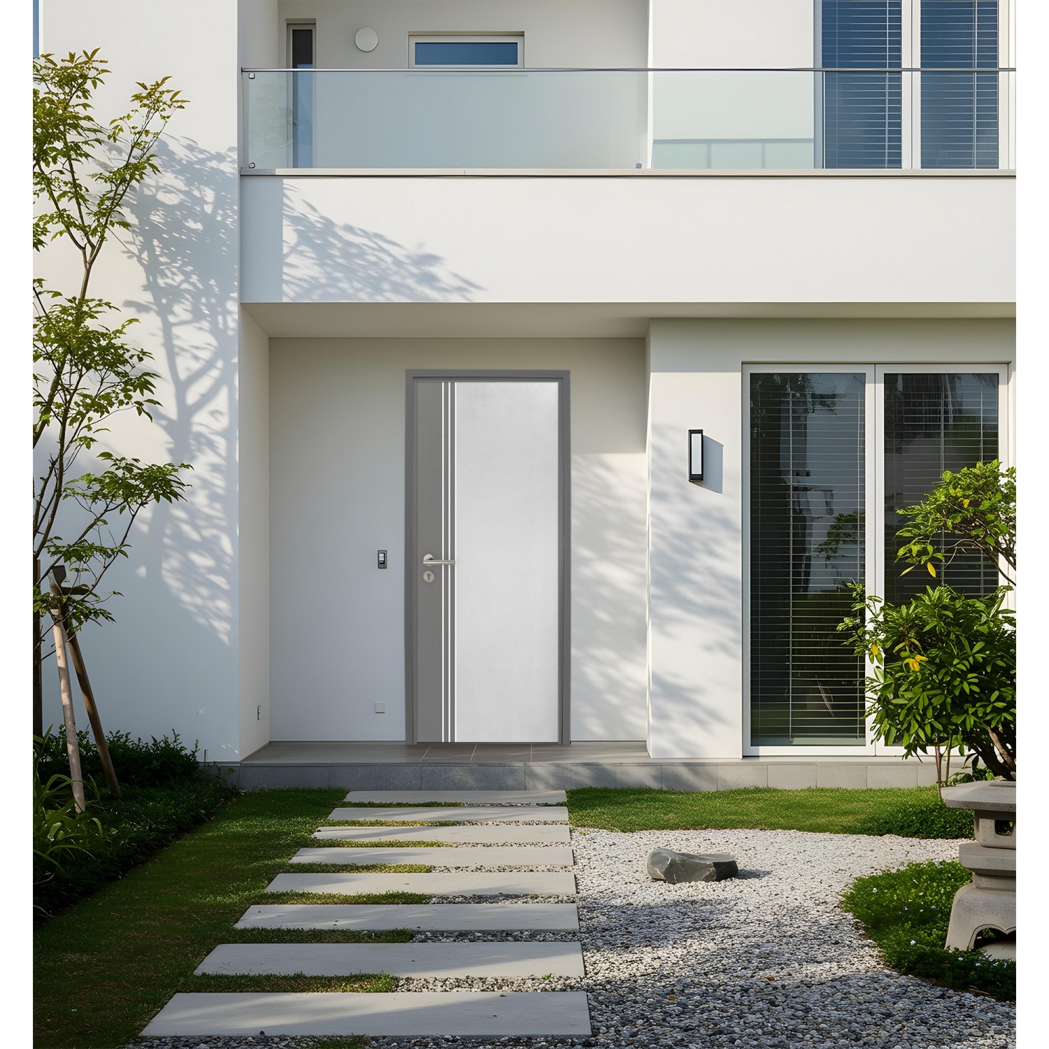 WELLINGTAN  ประตู uPVC ผิว Revo เซาะร่อง (สำหรับใช้ภายนอกเเละภายใน) WMN028  80x200 สีทูโทน ขาว/เทา  เจาะ