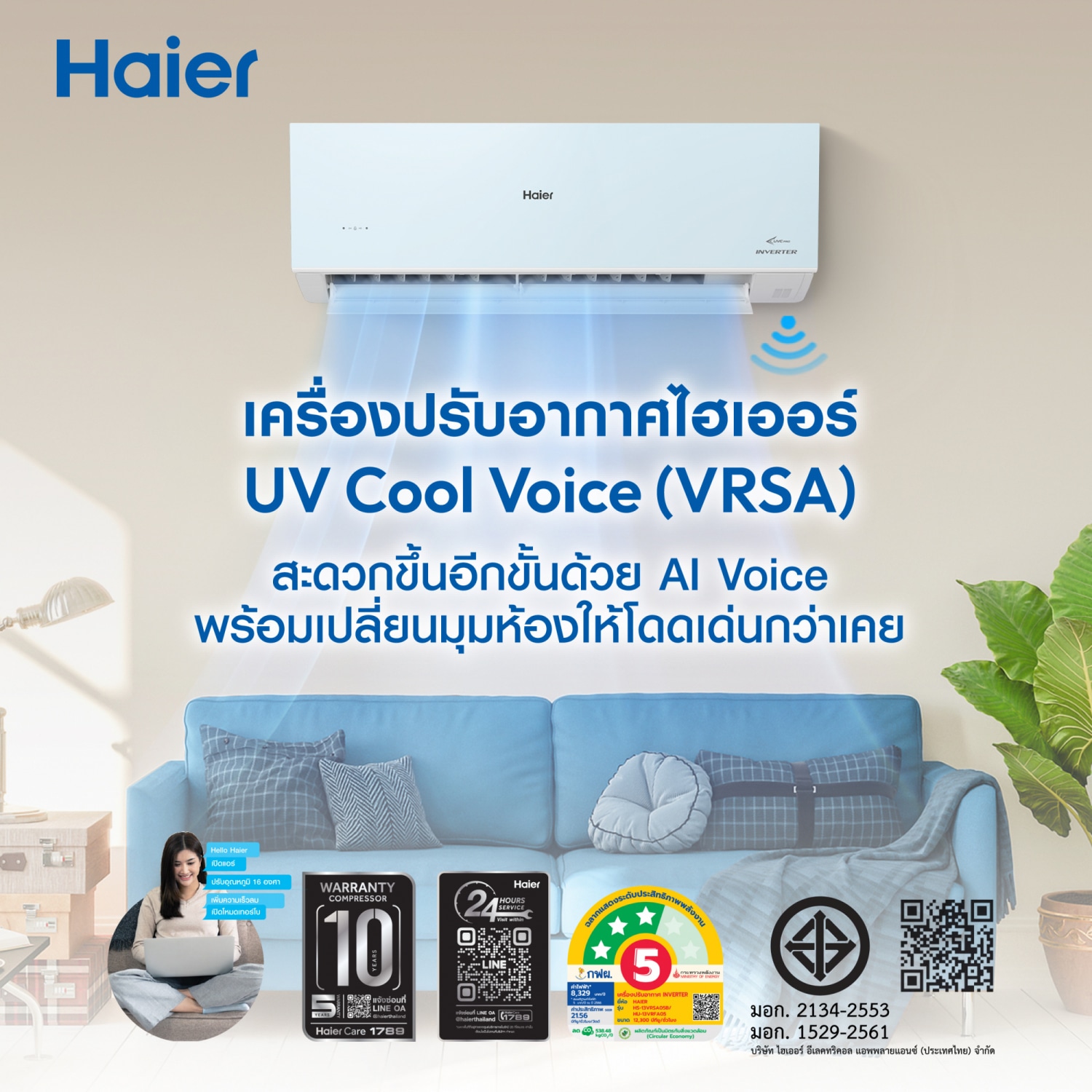 HAIER เครื่องปรับอากาศ Inverter (UV Cool Voice) ขนาด 18,200 BTU รุ่น HSU-18VRSA05B สีฟ้า