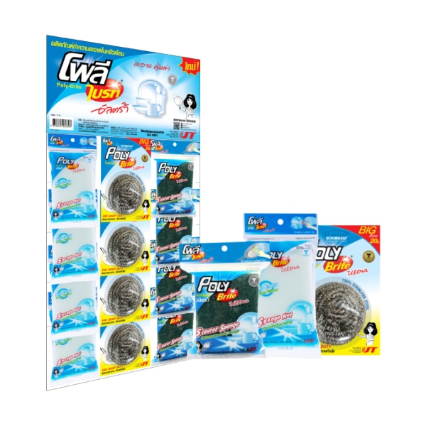 Poly-Brite ฟองน้ำใยขัด+ฝอยขัด+ฟองน้ำตาข่าย รุ่น 3 สหาย  6039-2 ( 12 ชิ้น/แผง)