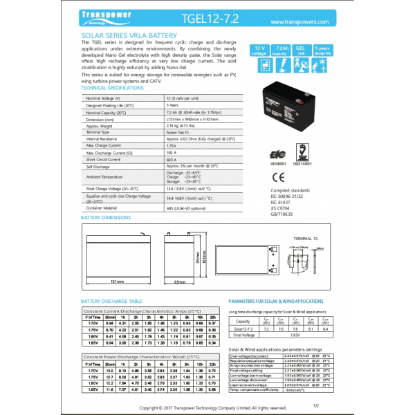 Transpower แบตเตอรี่ 12V 7.2A รุ่น TGEL12-7.2 สีดำ N. |GlobalHouse