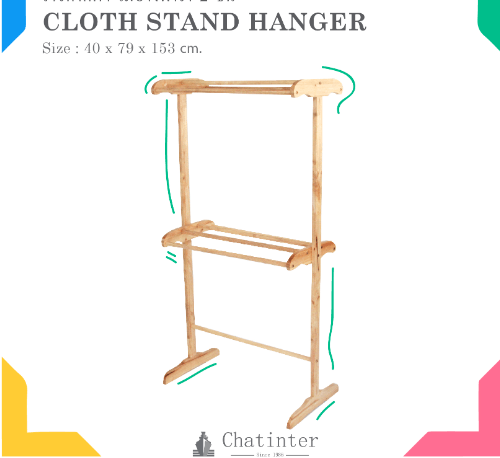 SAKU ราวตากผ้าไม้ยางพารา 2 ชั่น 6 เส้น ขนาด 79x40x153cm. สีไม้ธรมมชาติ