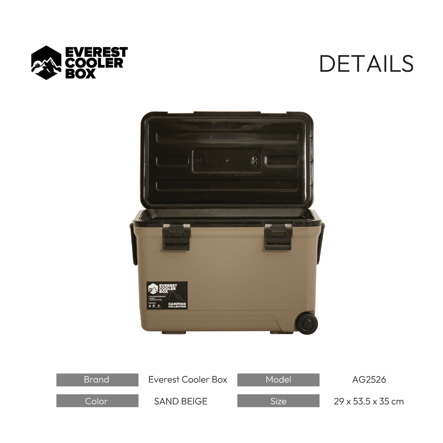EVEREST COOLER BOX กระติกน้ำแข็งมีล้อลาก พร้อมที่วางแก้ว AG2526 ขนาด 26 ลิตร สี SAND BEIGE