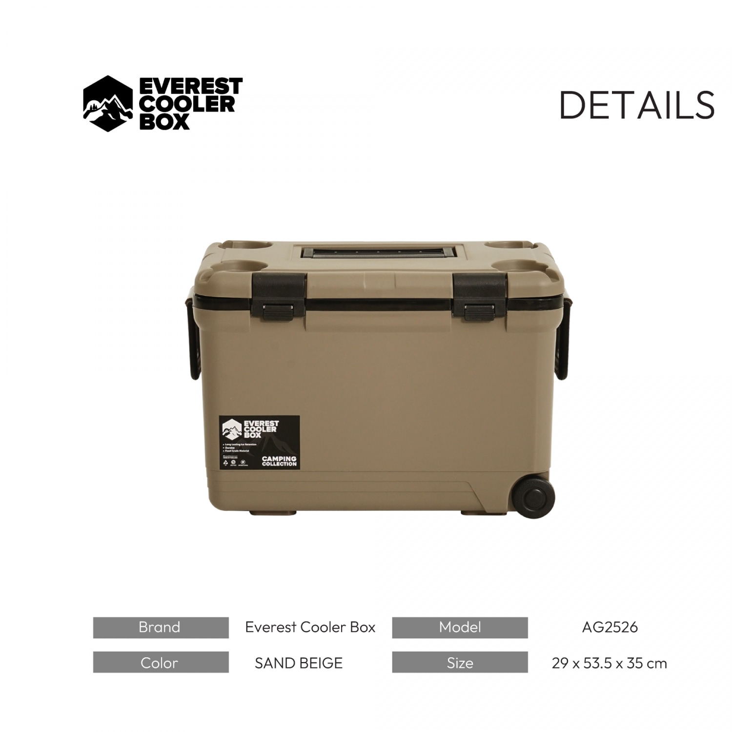 EVEREST COOLER BOX กระติกน้ำแข็งมีล้อลาก พร้อมที่วางแก้ว AG2526 ขนาด 26 ลิตร สี SAND BEIGE
