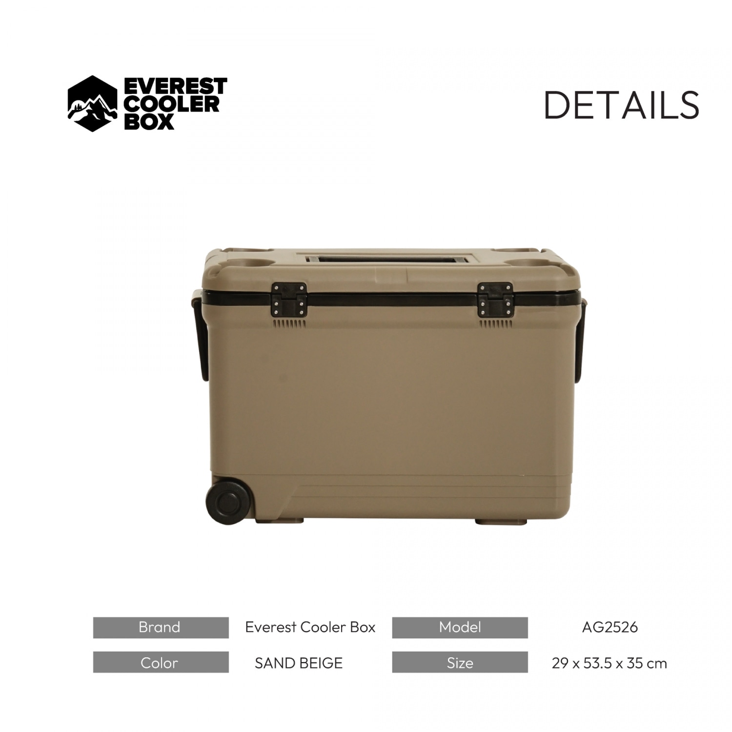EVEREST COOLER BOX กระติกน้ำแข็งมีล้อลาก พร้อมที่วางแก้ว AG2526 ขนาด 26 ลิตร สี SAND BEIGE