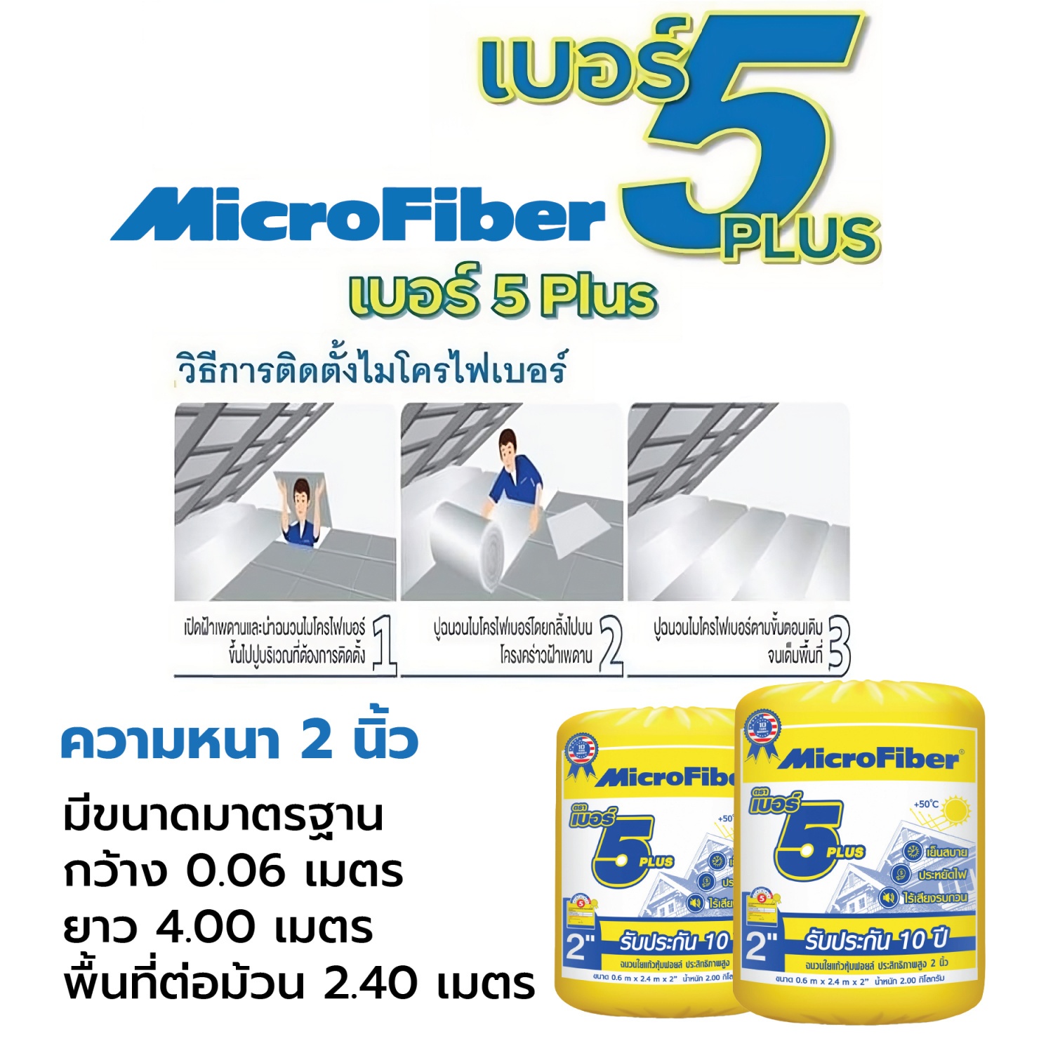 ไมโครไฟเบอร์ ฉนวนใยแก้วกันความร้อน No.5 Plus ขนาด 2 นิ้ว กว้าง 60 x 400 ซม.