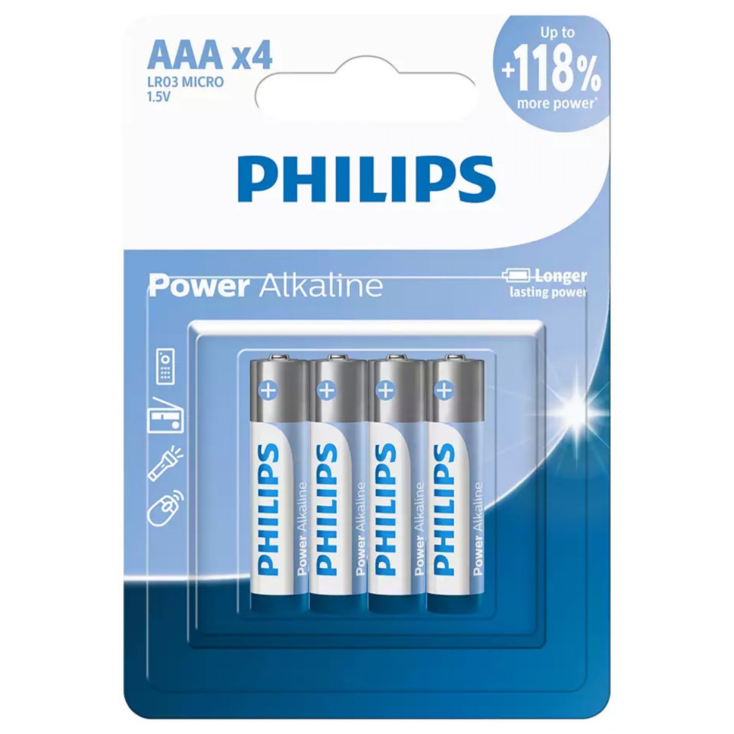 PHILIPS ถ่านไฟฉายอัลคาไลน์  Power Alkaline AAA 4 ก้อน  สีเงิน