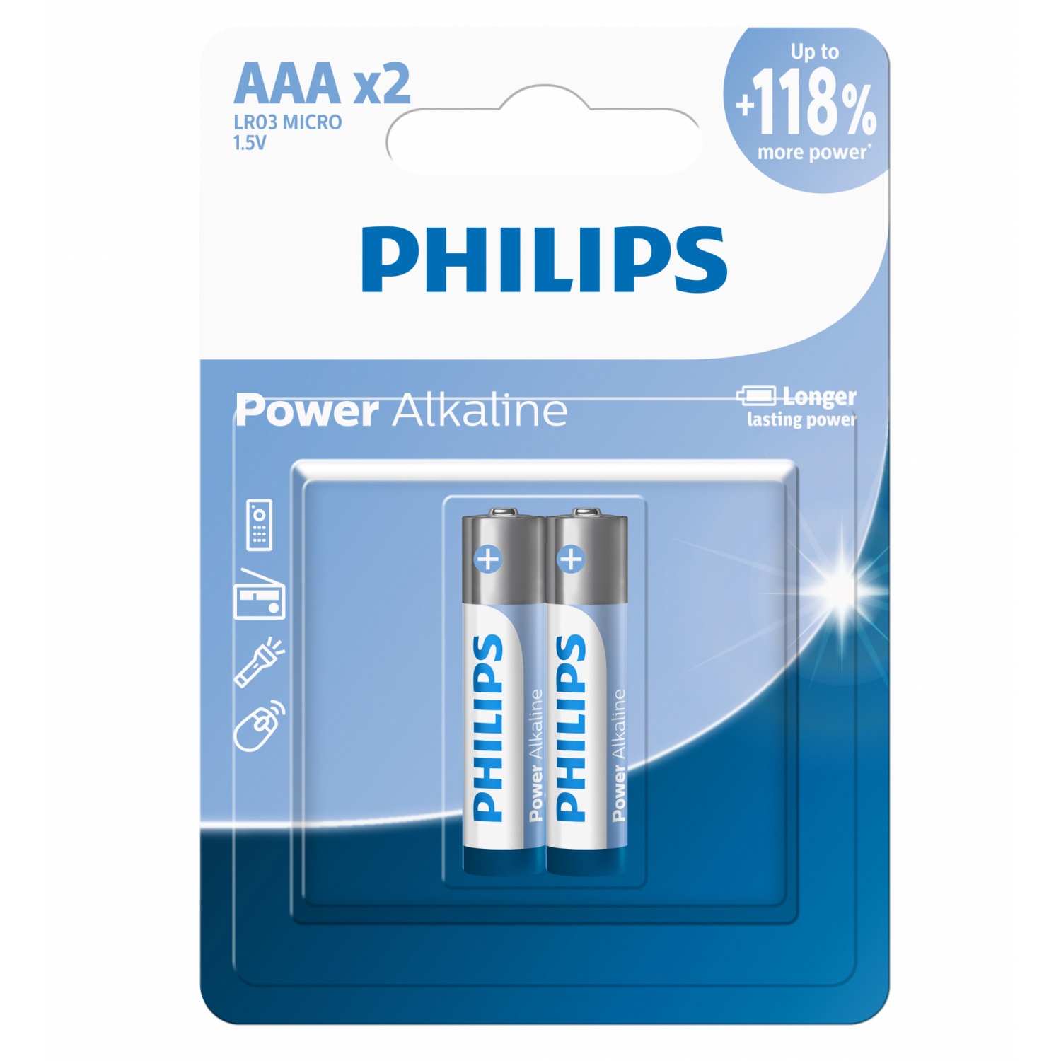 PHILIPS ถ่านไฟฉายอัลคาไลน์  Power Alkaline AAA 2 ก้อน สีเงิน